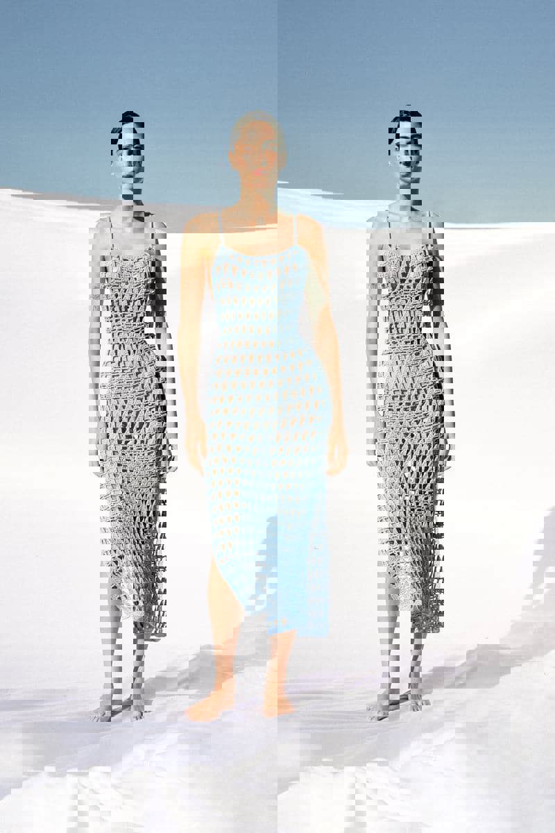 BLUE KNITTED MESH MIDI DRESS