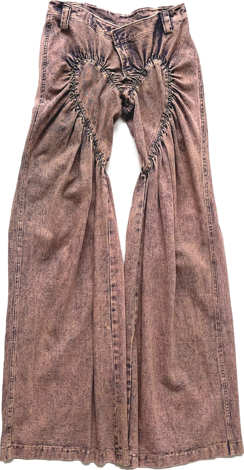 Unisex Ruched Heart Distressed Denim Jeans Pink
