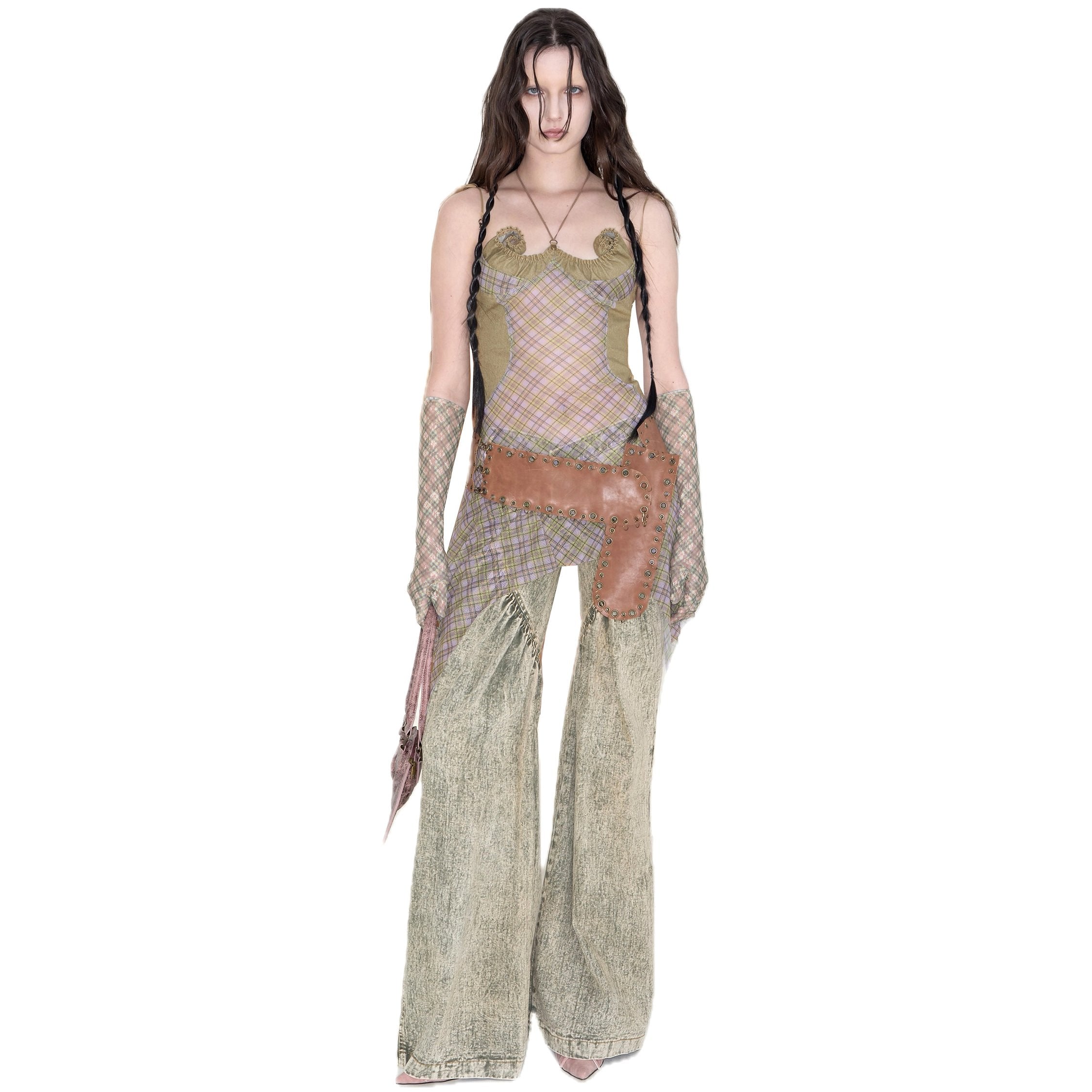 Unisex Ruched Heart Distressed Denim Jeans Green