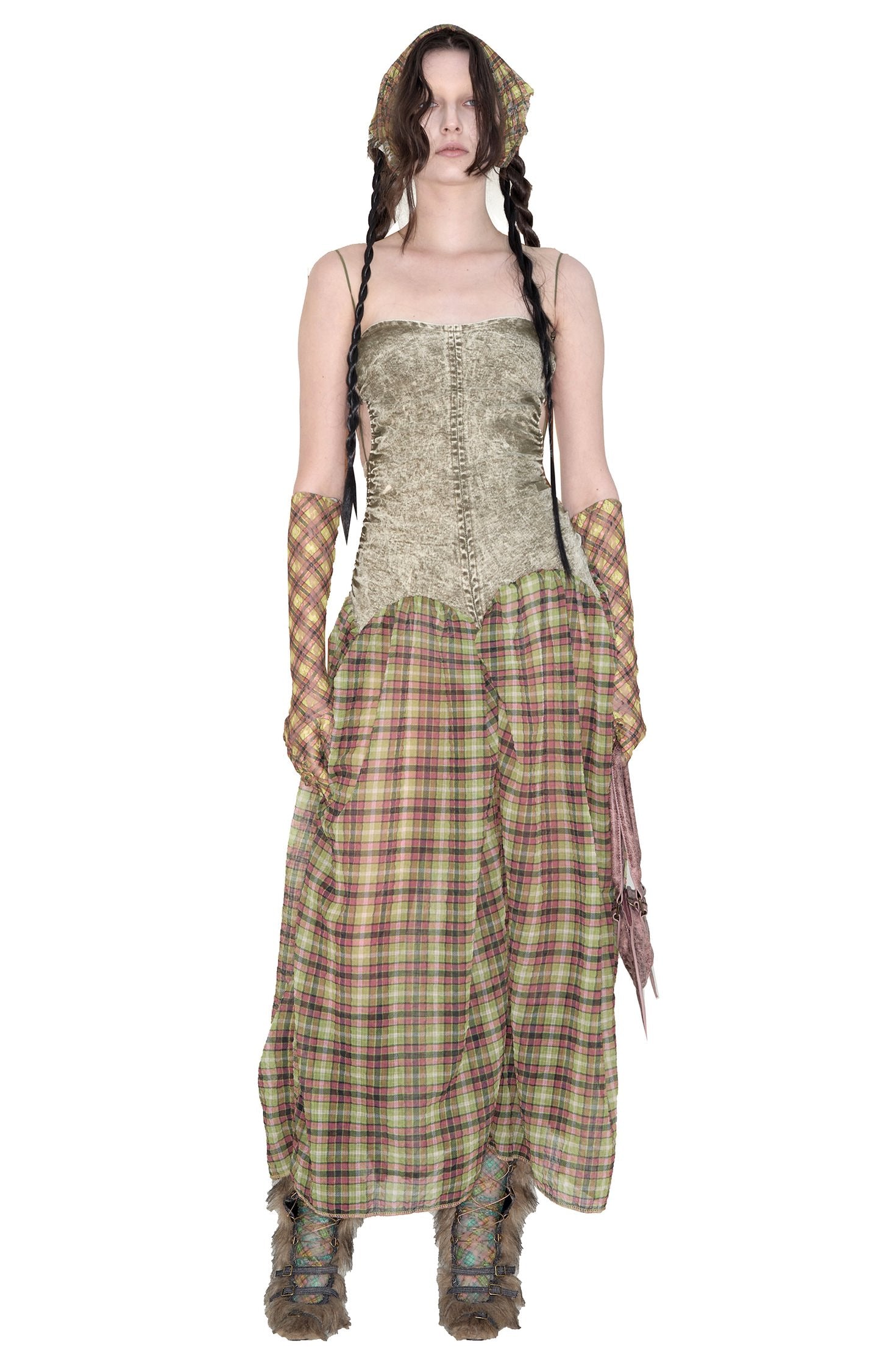 Plaid Denim Bubble Maxi Dress Mono