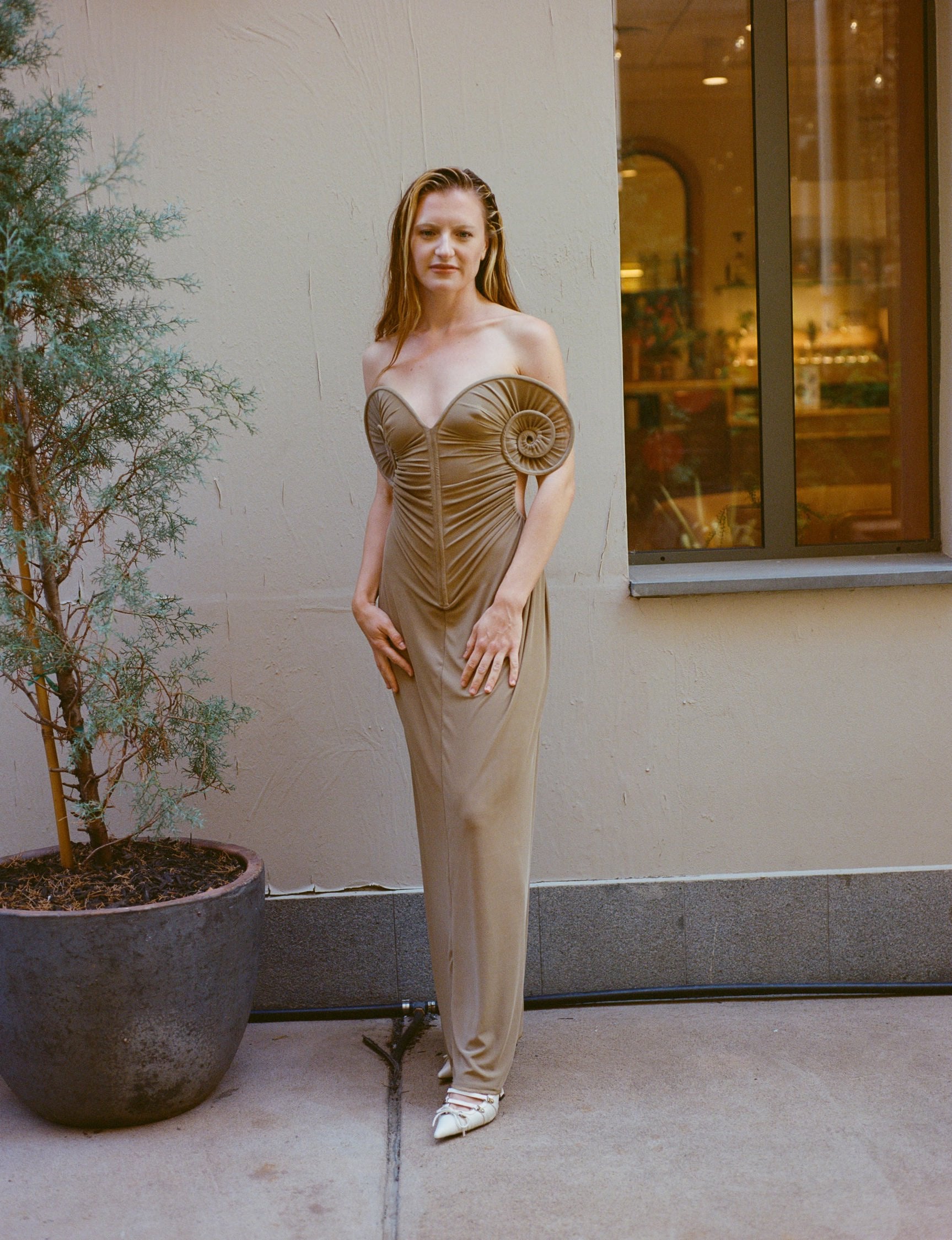 Draped Sea Shell Swirl Maxi Gown Khaki