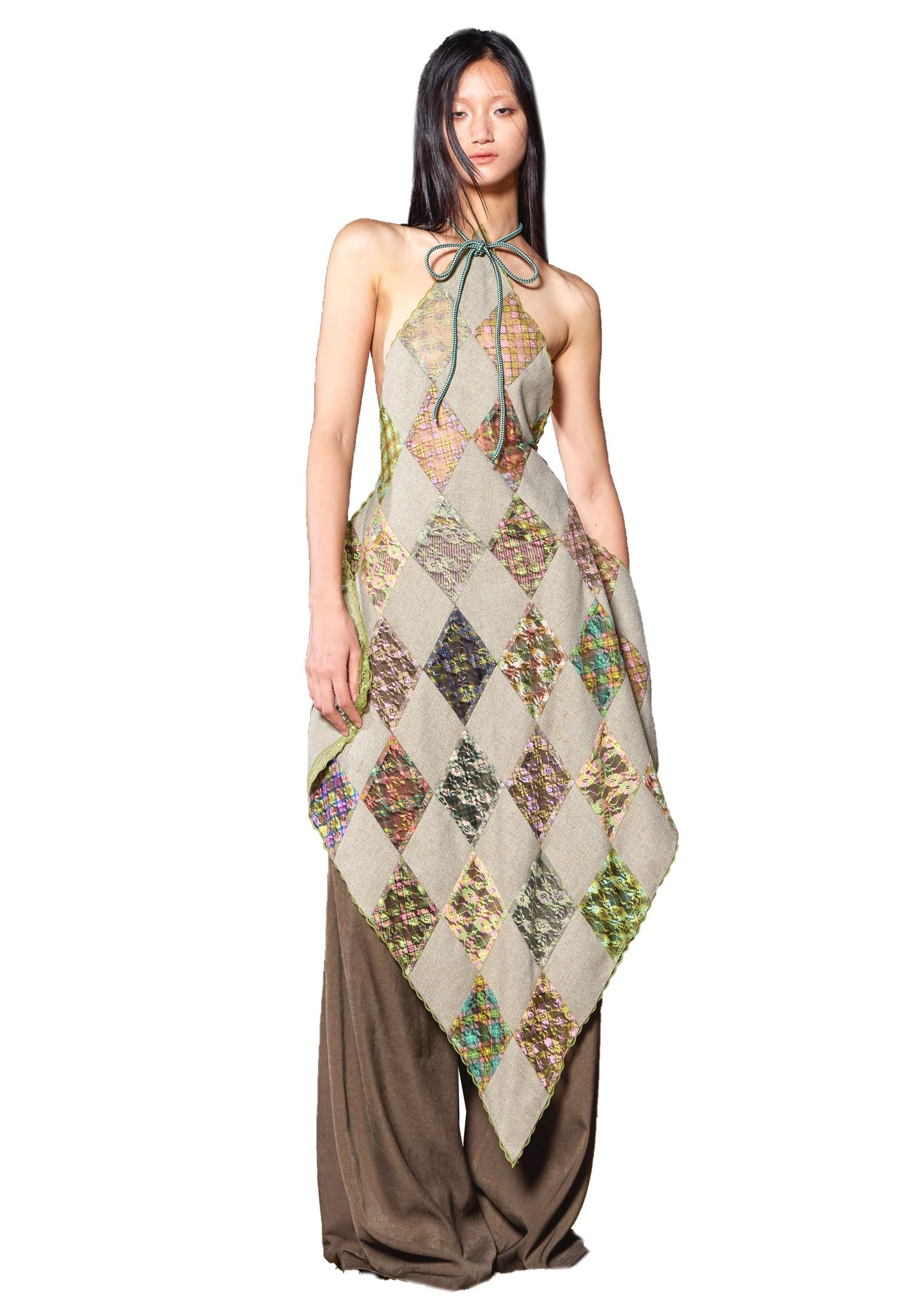 Plaid Lace Patchwork Halter Top Apron Dress