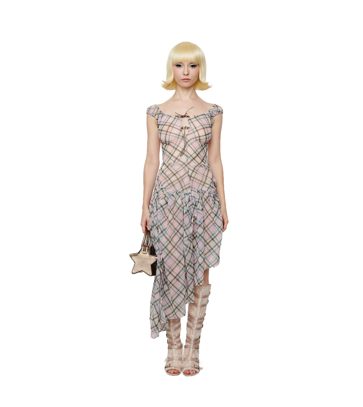 Plaid Puff Chiffon Asymmetrical Dress Dollhouse