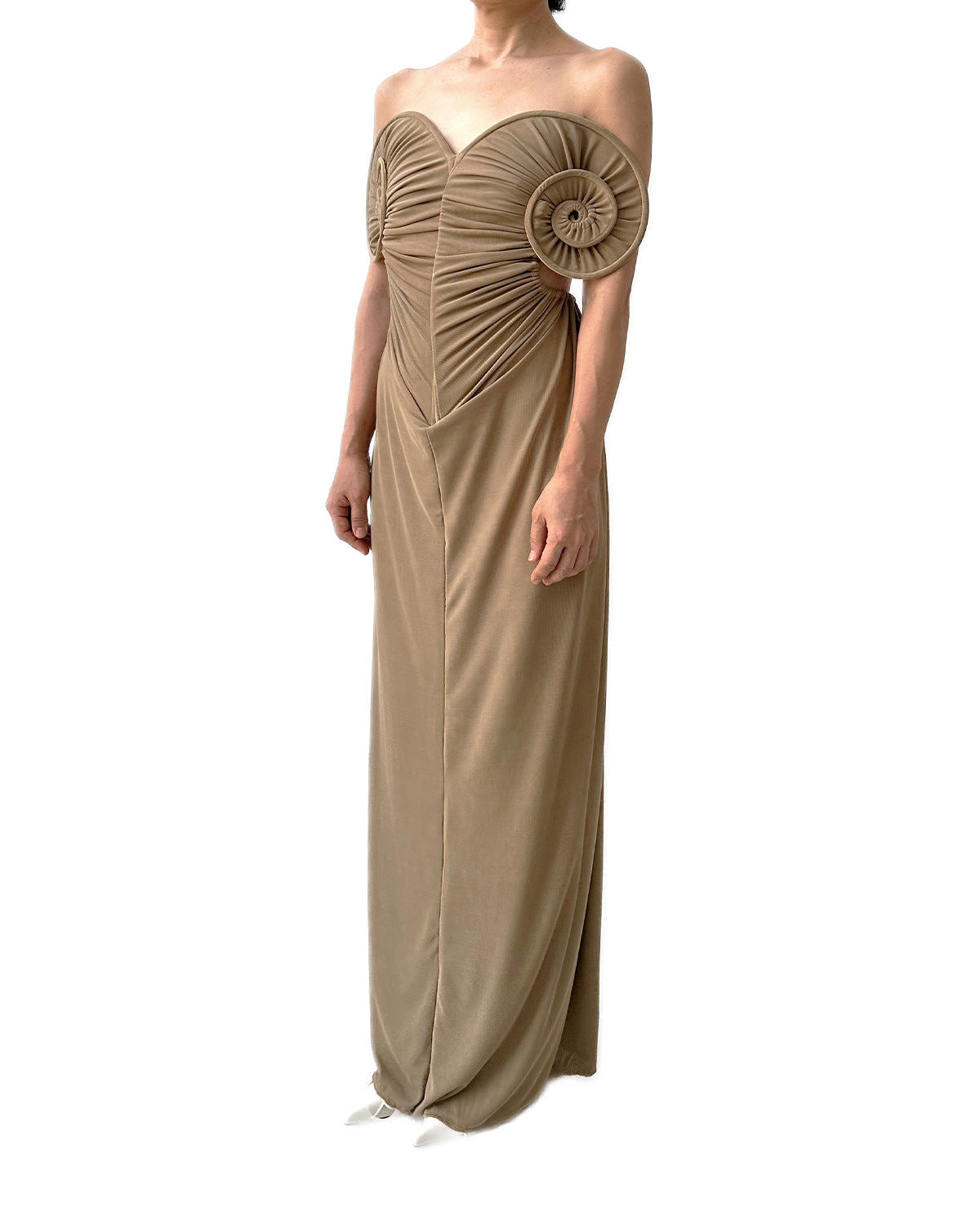 Draped Sea Shell Swirl Maxi Gown Khaki