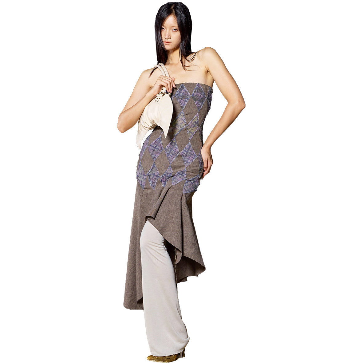 Patchwork Lace Purple Plaid Office Flared Midi Dress