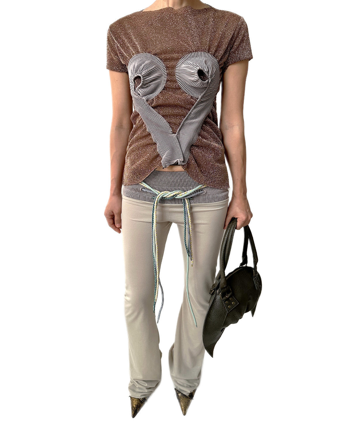 Low-rise Jersey Rib Flared Pants Beige Thistle w/ 4 Strings