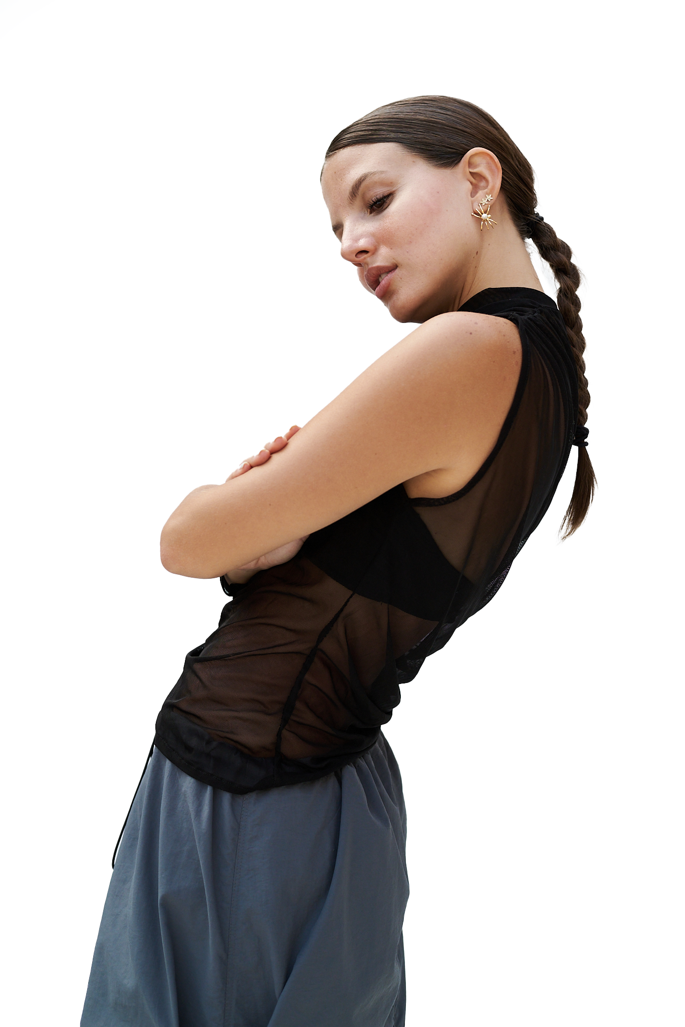 BLACK MESH ONE-SLEEVE TOP