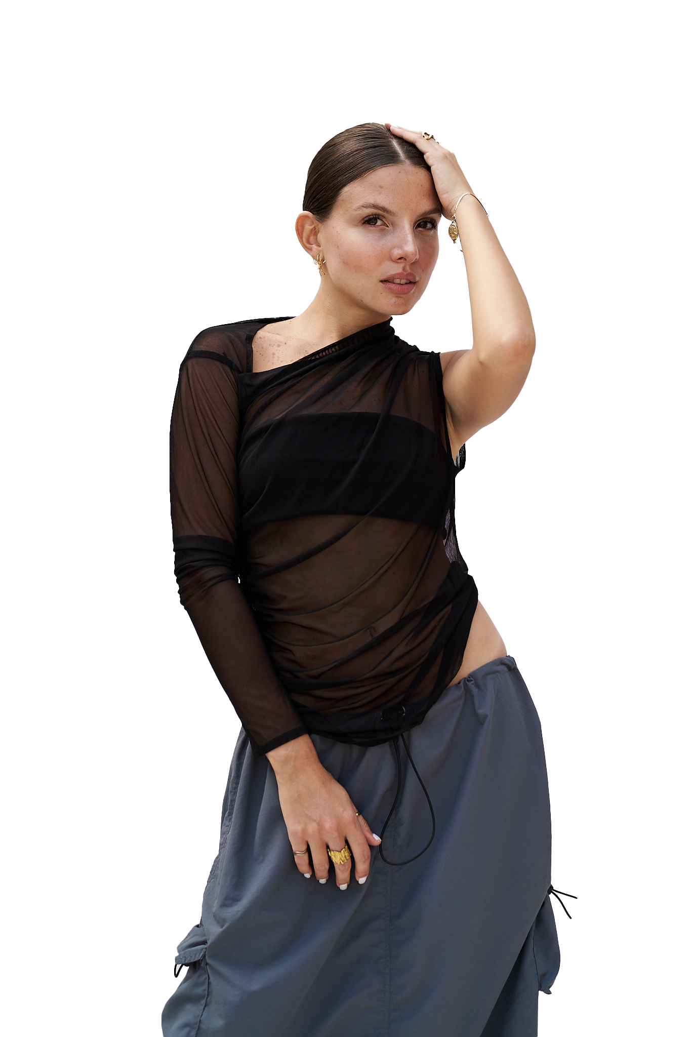 BLACK MESH ONE-SLEEVE TOP