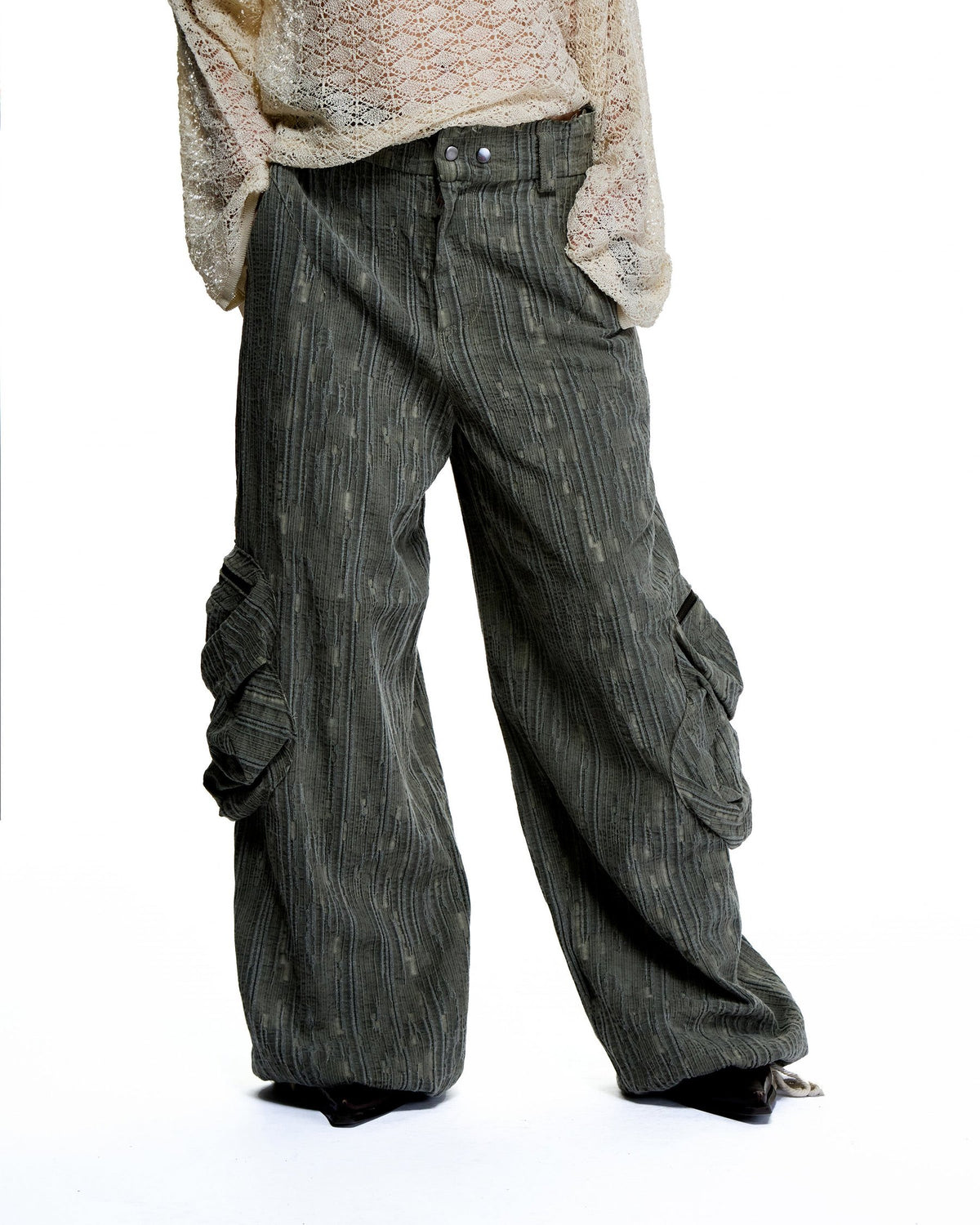 WASHED MOSS DENIM CARGO PANTS