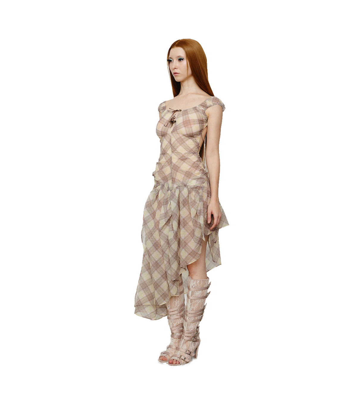 Layered Satin Belts Lace Sandal Boots Pink Ivory
