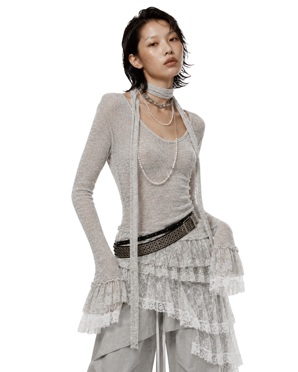 ALLIN Irregular Lace Ruffle Knit Top
