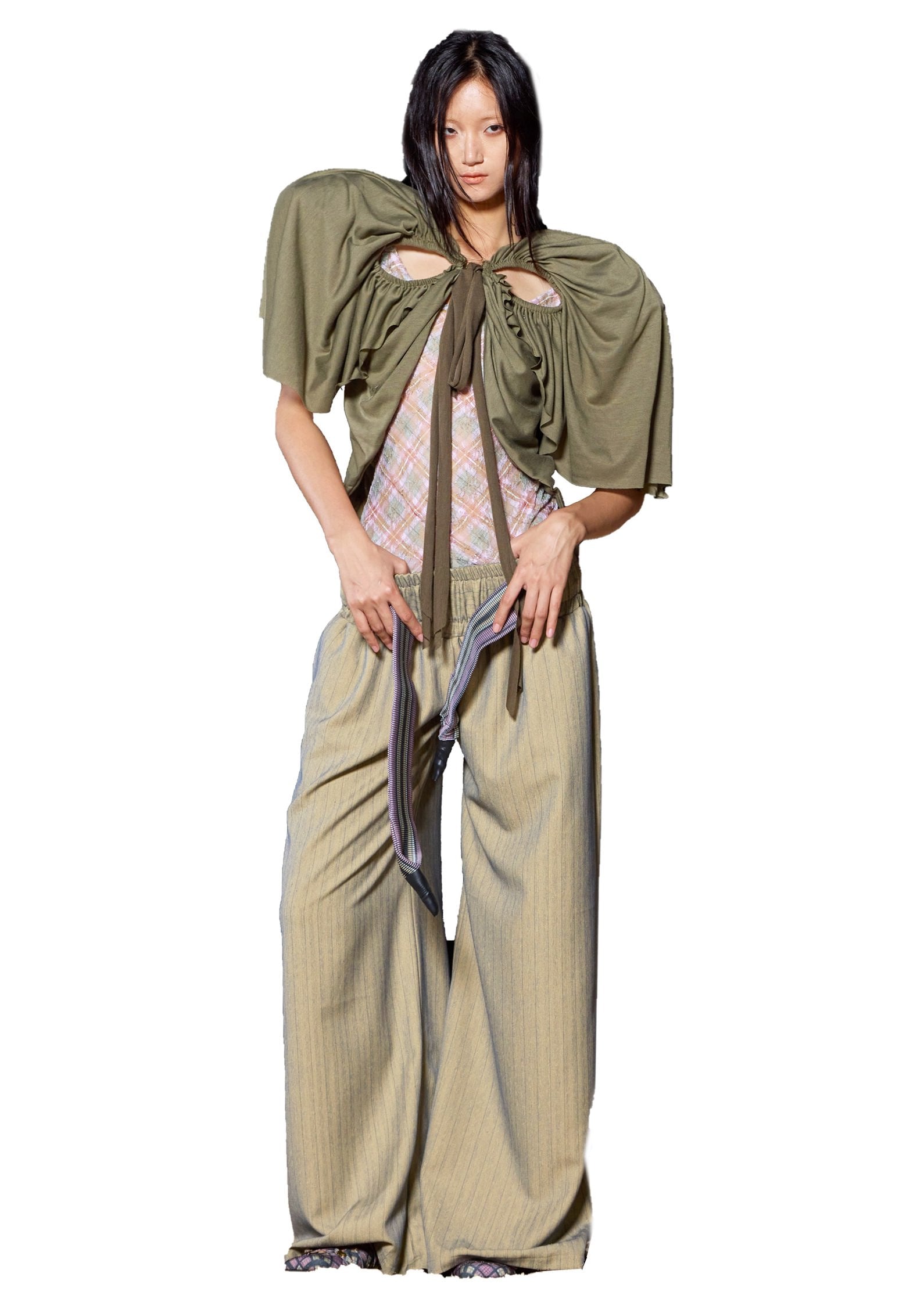 Low-rise Stripe Suiting Oversized Baggy Pants w/ Rib Band Beige