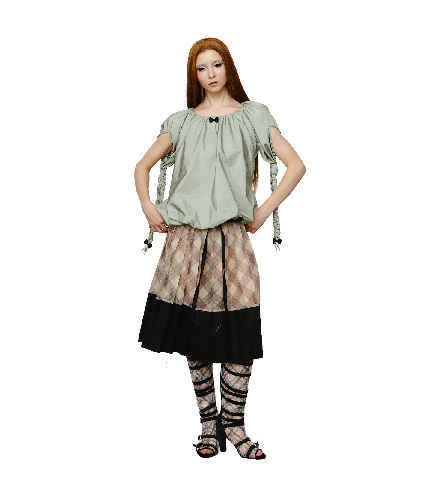 Balloon Braided Blouse with Bow Glossy Jade