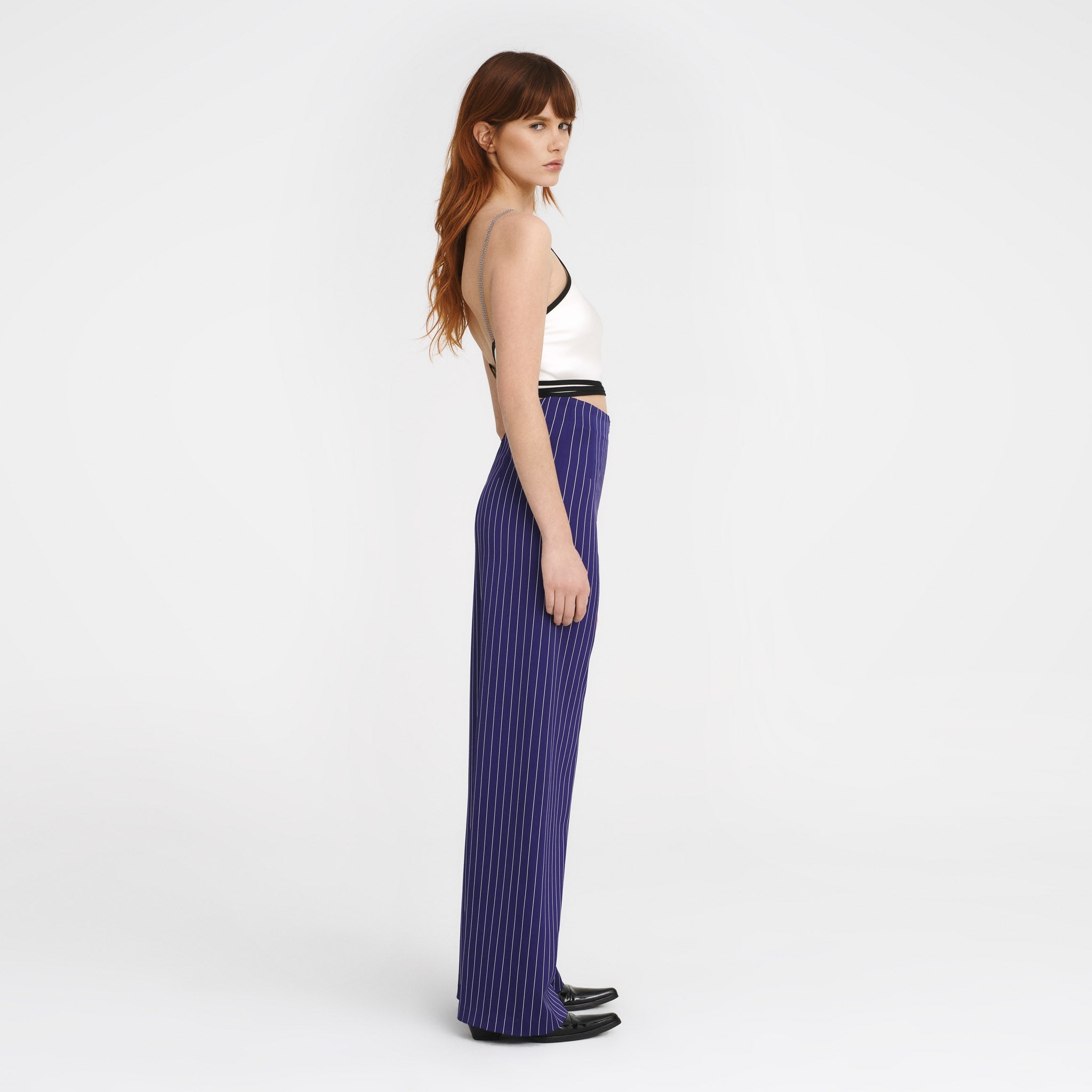 V-Back Trousers in Purple Pinstripes