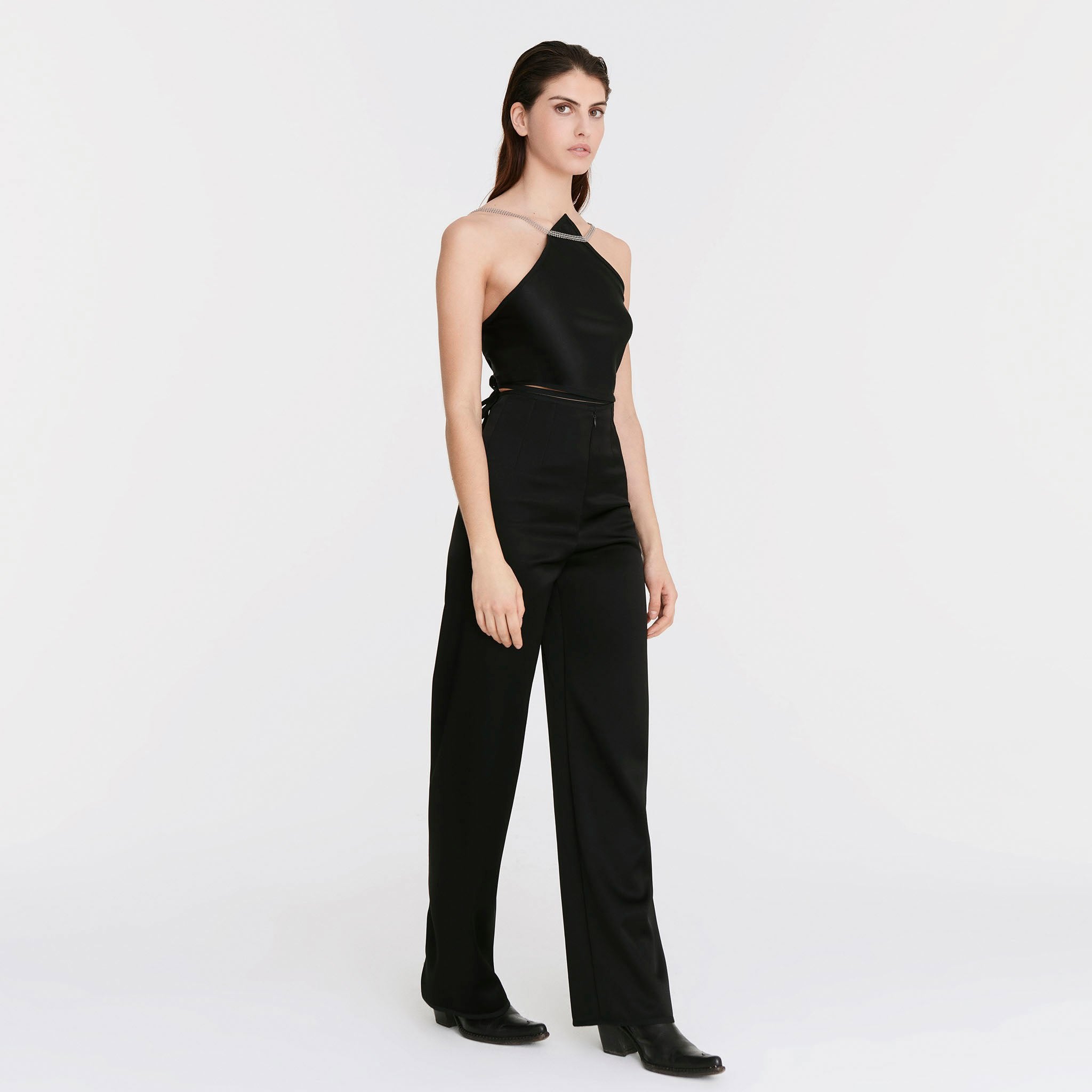 V-Back Trousers in Black Satin