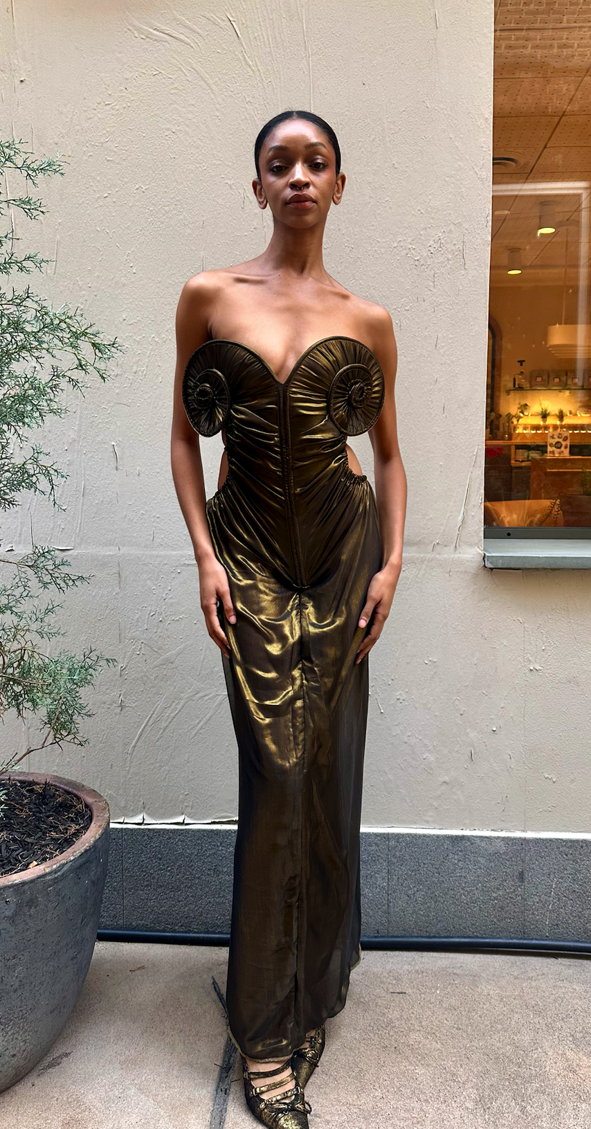 Draped Sea Shell Swirl Maxi Gown Glossy Gold