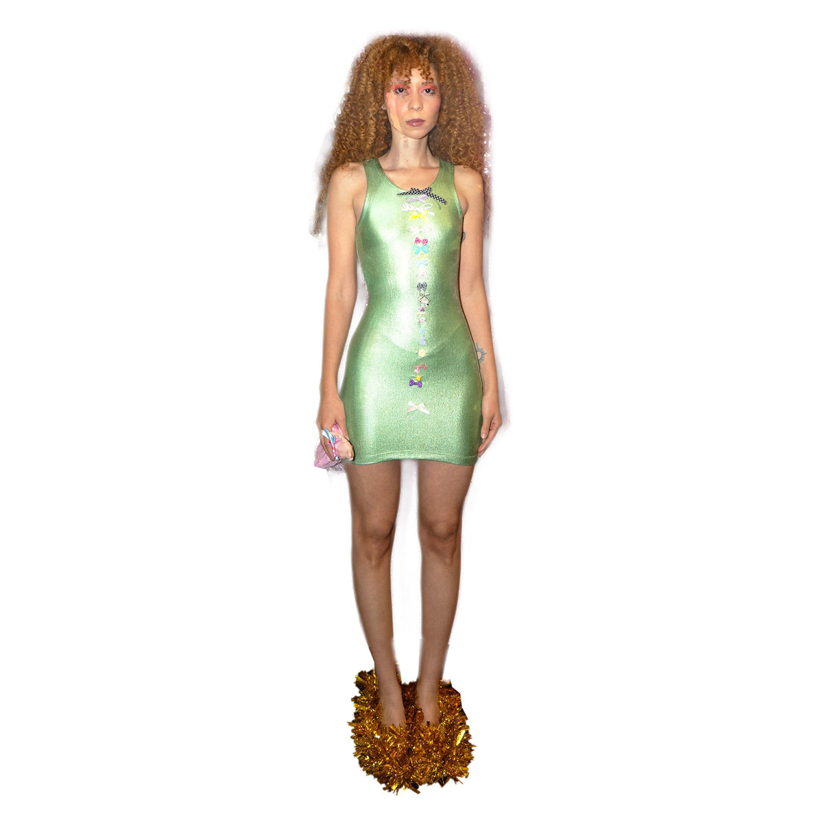 Glossy Grass Coated Rib Vest Mini Bows Dress