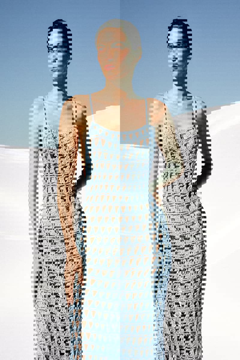 BLUE KNITTED MESH MIDI DRESS