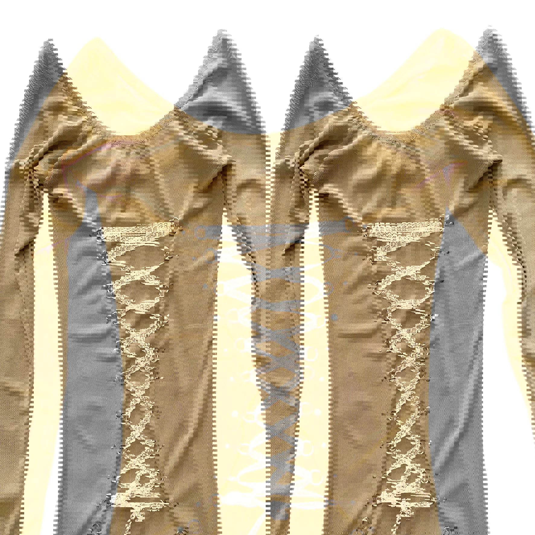 Beige Mesh Lace Up Corset Piercing Bowtie Top